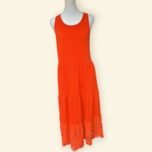 J. Crew Orange Cross Back Eyelet Hem Sleeveless Tiered Maxi Dress. Large. - Picture 2 of 8